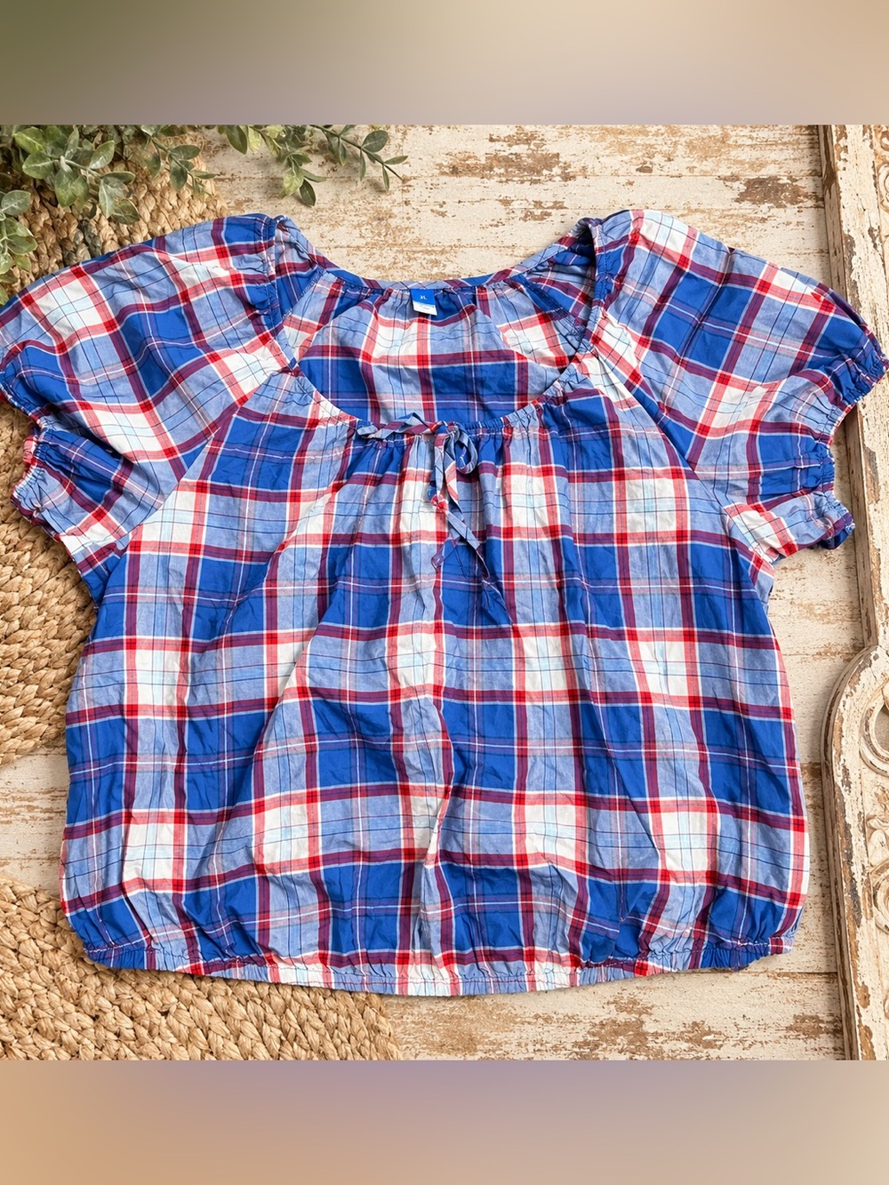 Old Navy Blue Red White Plaid Short Sleeve Peasant Top
